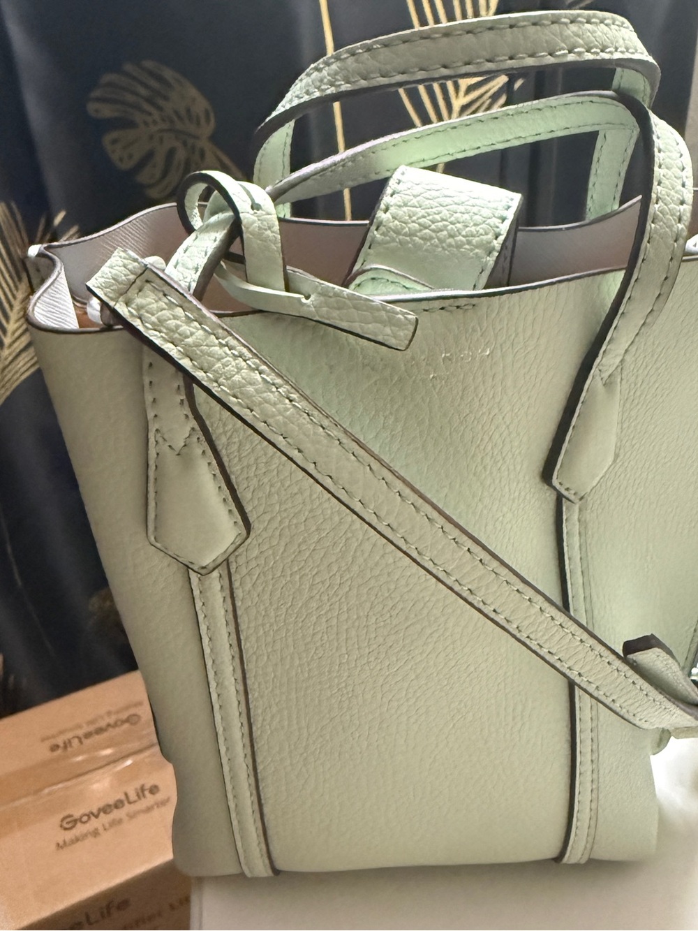 Tory Burch Mint Green Pebbled Leather Tote with Crossbody Strap